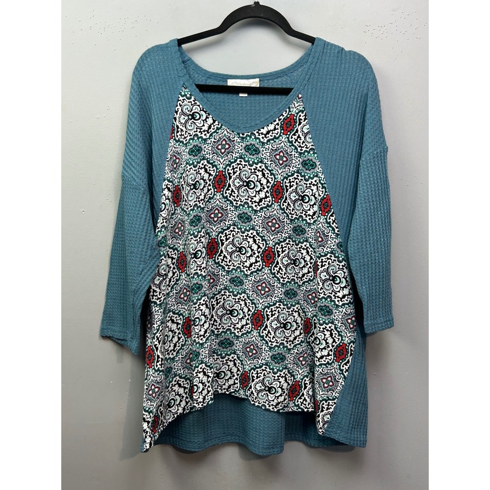 Weekend Suzanne Betro Blue Waffle Knit Boho Print Tunic Top 2X